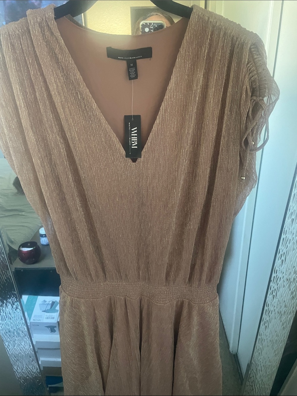 White House Black Market Shimmery Tan Midi Dress with V-Neck